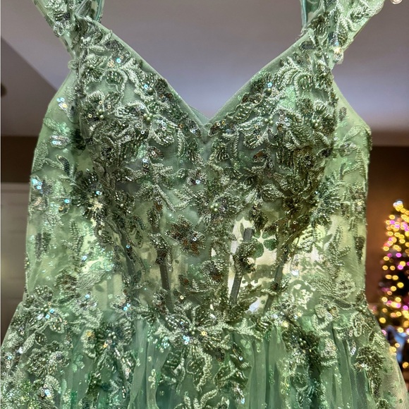 Sage Green Sparkle Floral Prom Dress - Picture 5 of 7